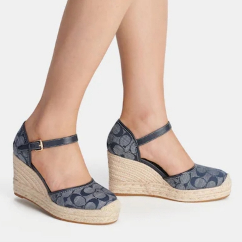 Coach Blue Signature Canvas Espadrille Wedge Sandals